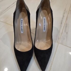 Manolo Blahnik Black Suede Heels With Silver Heal Detail